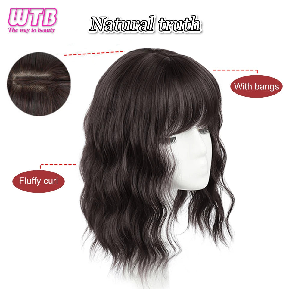 WTB Synthetic Wig Piece Female Natural Fluffy Wavy Hair Naturally Invisible Cover White Hair With Bangs Wig