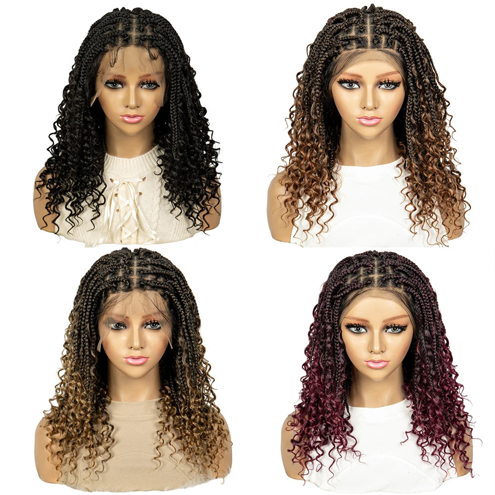 Bohemian Braided Wigs Boho Box Braid Wigs Knotless Goddess Locs Wigs Synthetic with Curly Ends Synthetic Full Lace Braided Wig