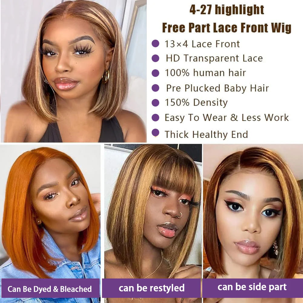 Highlight 4/27 Brazilian Remy Hair Short Bob Ombre Human Hair Wigs Honey Blonde Wig Straight Bob Wig 13x4 Lace Front Wigs Bob