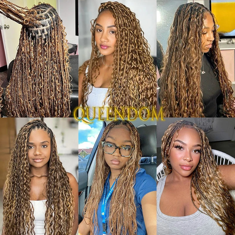 36 Inch Synthetic Bohemian Braided Wig Full Lace Box Braid Ombre Blonde Goddess Wig Knotless Cornrow Braids Wig with Curly Ends