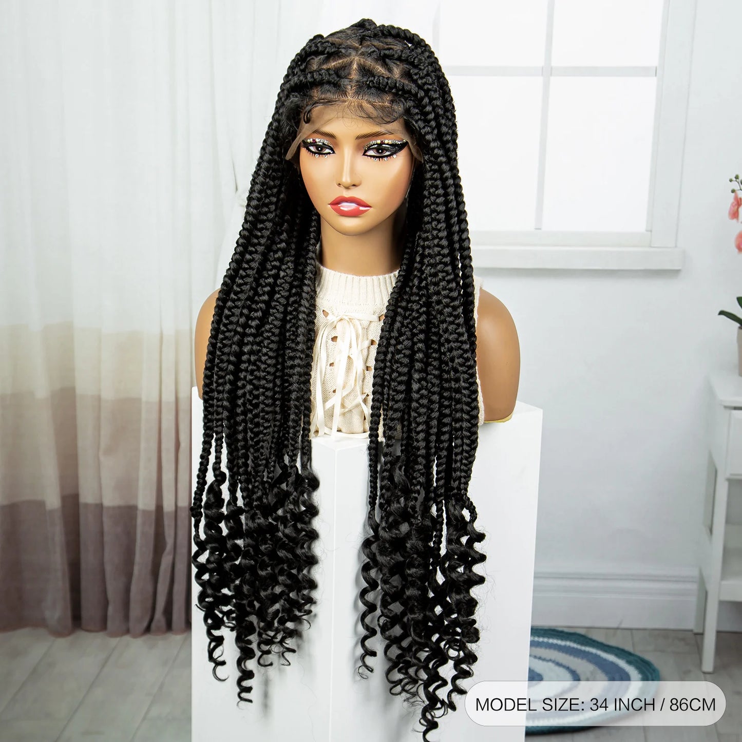 Synthetic Full Lace Braided Wigs Lace Front Knotless Box Braided Wigs with Wave Ends for Black Women Crochet Braided Lace Wigs