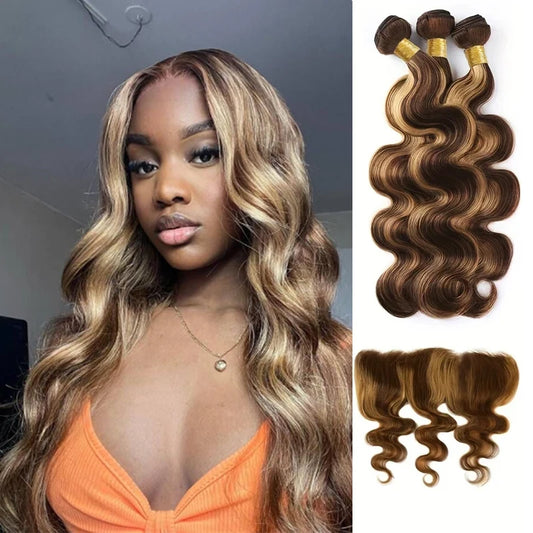 P4/27 Honey Gold Hair Bundles Brazilian Remi Brightening Point Hair Bundles Body Wave Hair Bundles 13X4 Suitable For Women