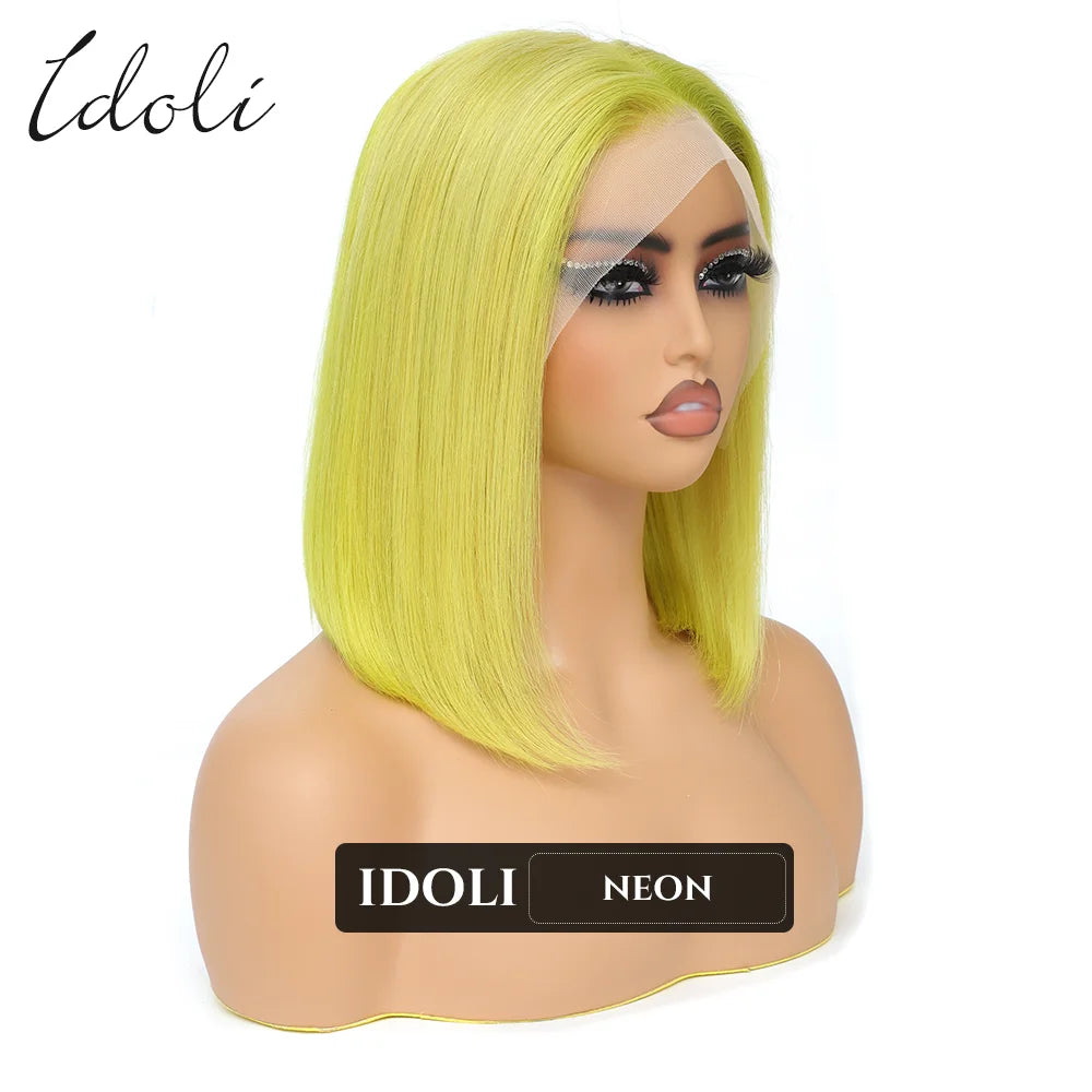 Neon Green Lace Front Wig Human Hair 13x4 Wear And Go Glueless Wigs for Green Color Girls  Neon Green Lace Front BOB Wig Hair