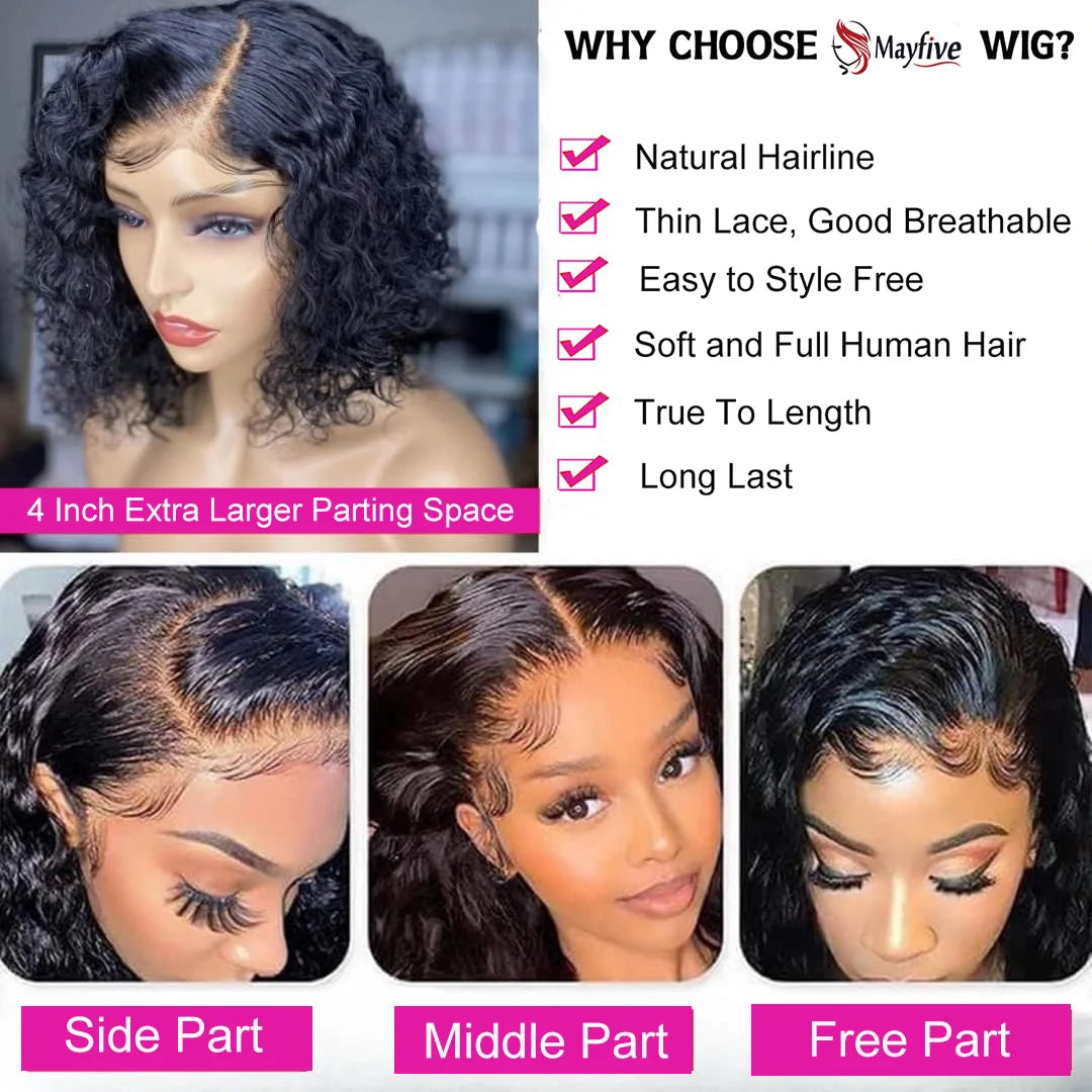 Brazilian Deep Water Wave Curly Short Bob 13x4 Lace Frontal Human Hair 200% HD Transparent Lace Front 4x4 Closure Wig For Women