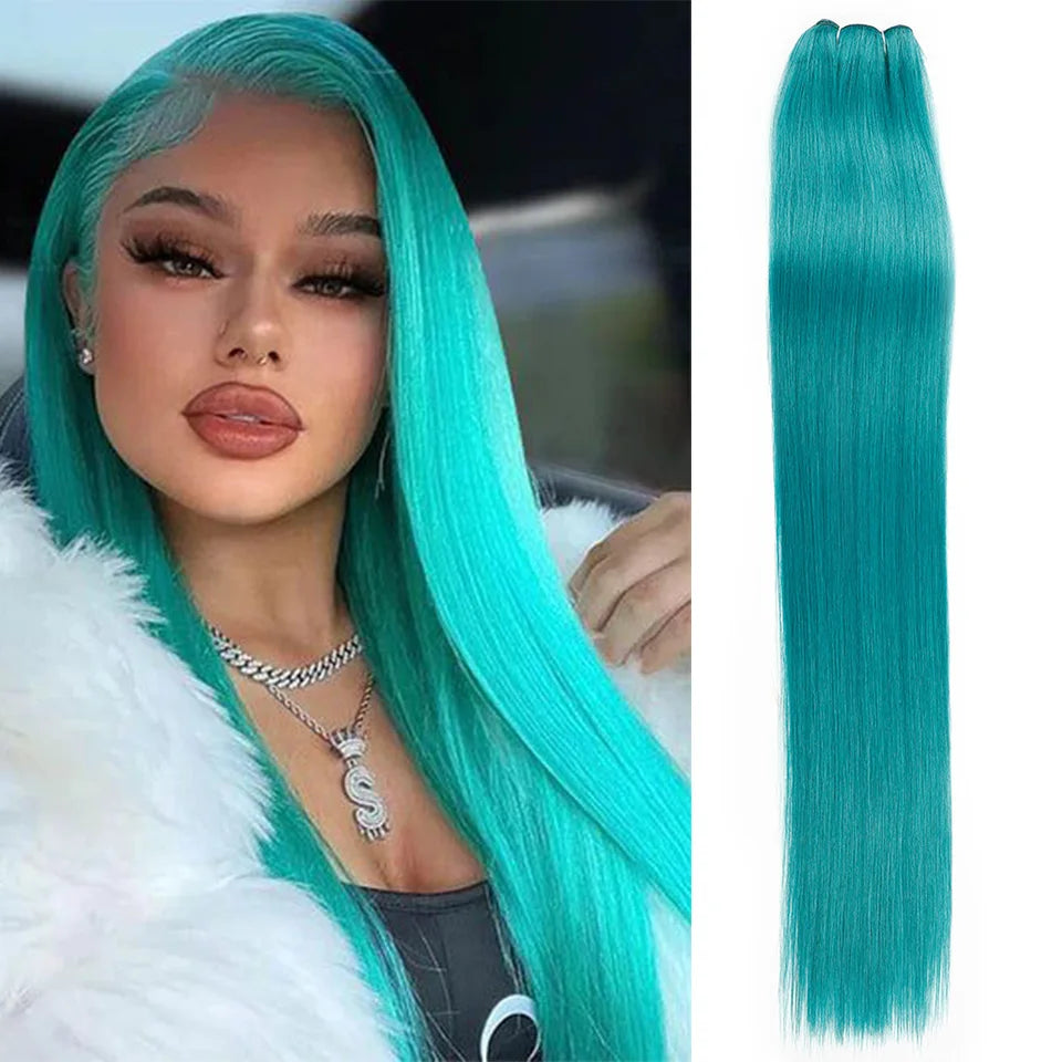 Straight Hair Extensions Synthetic Smooth Ombre Hair Weaving 26 inches Blue Synthetic Straight Hair Bundles Full to End