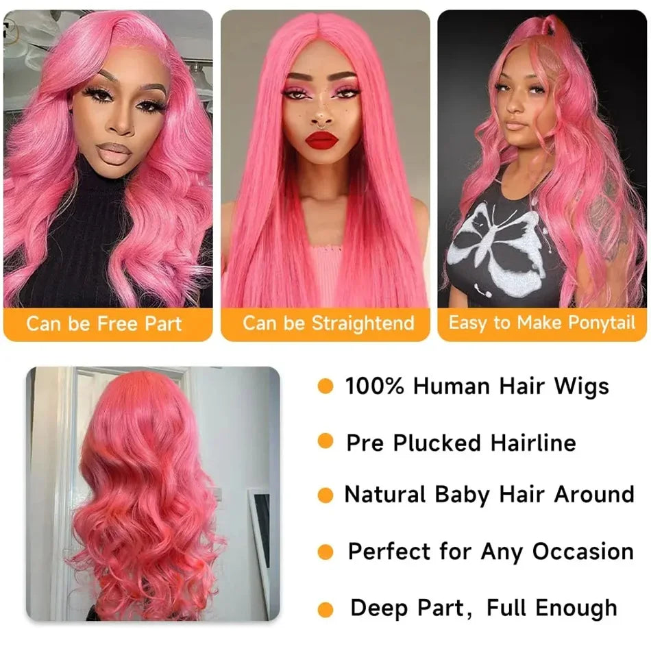 Pink Wig Long Curly Wavy Synthetic Lace Front Wig Loose Deep Wave Natural Colored Hair 13X4 Lace Frontal Wigs For Women Party