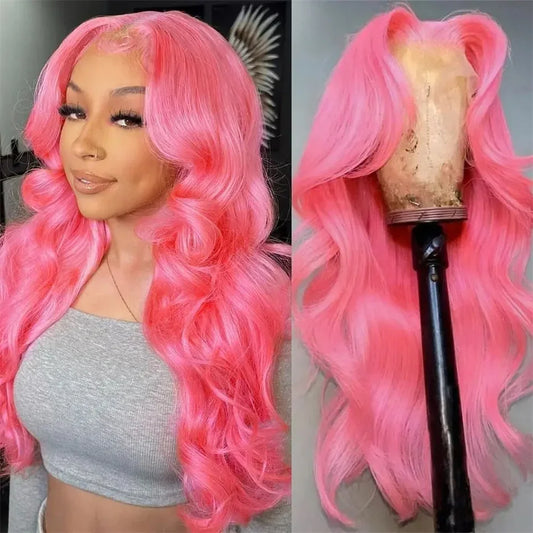 Pink Wig Long Curly Wavy Synthetic Lace Front Wig Loose Deep Wave Natural Colored Hair 13X4 Lace Frontal Wigs For Women Party