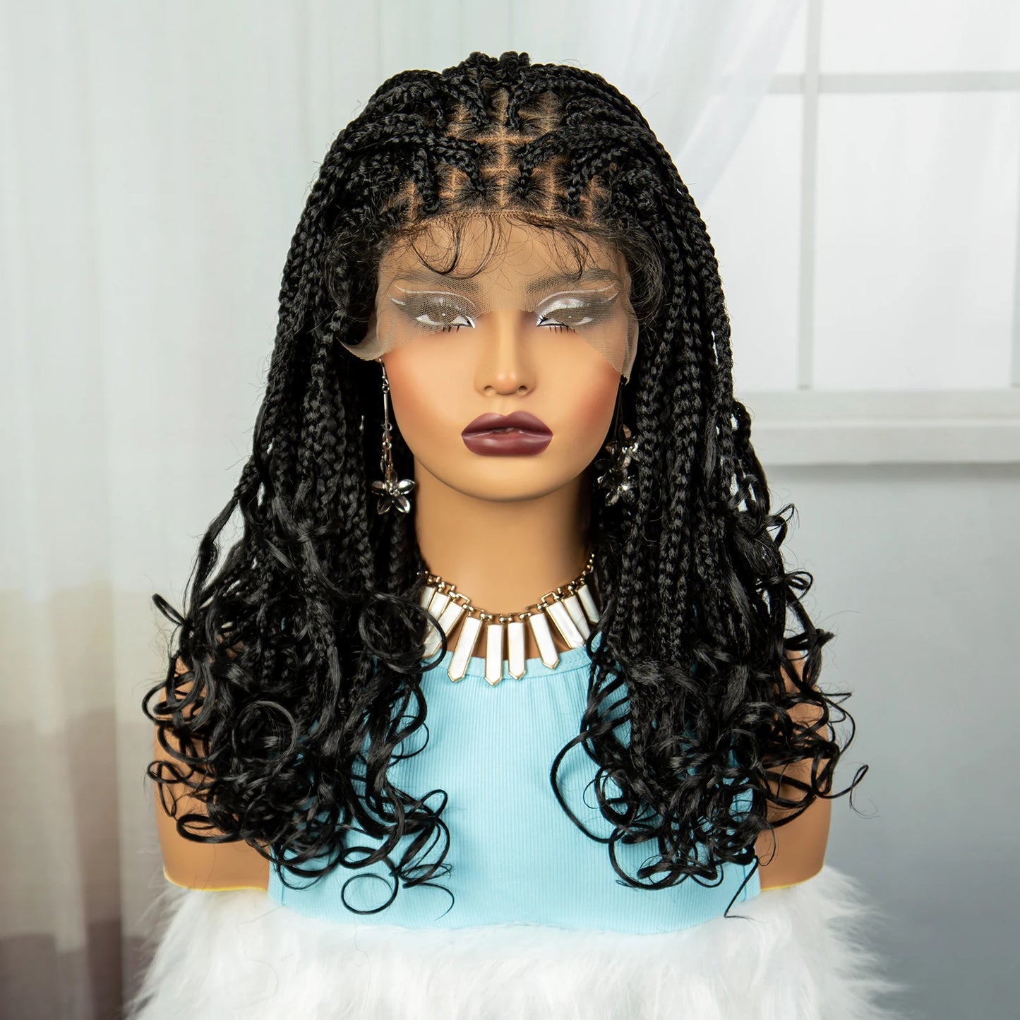 360° Transparent Full Lace Braided Wigs with Wavy Ends Synthetic Knotless Box Braided Lace Wigs with Baby Hair for Black Women