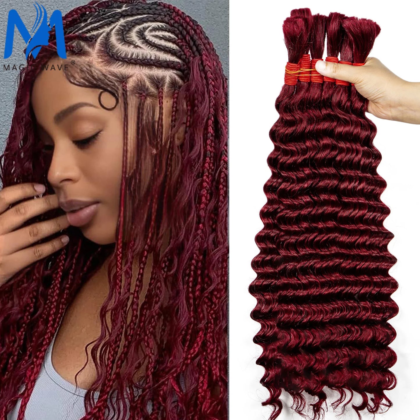 Deep Wave Burgundy 99J Human Hair Bulk for Braiding No Weft 100% Virgin Hair 26 28 Inch Bundles Curly Braiding Hair for Women