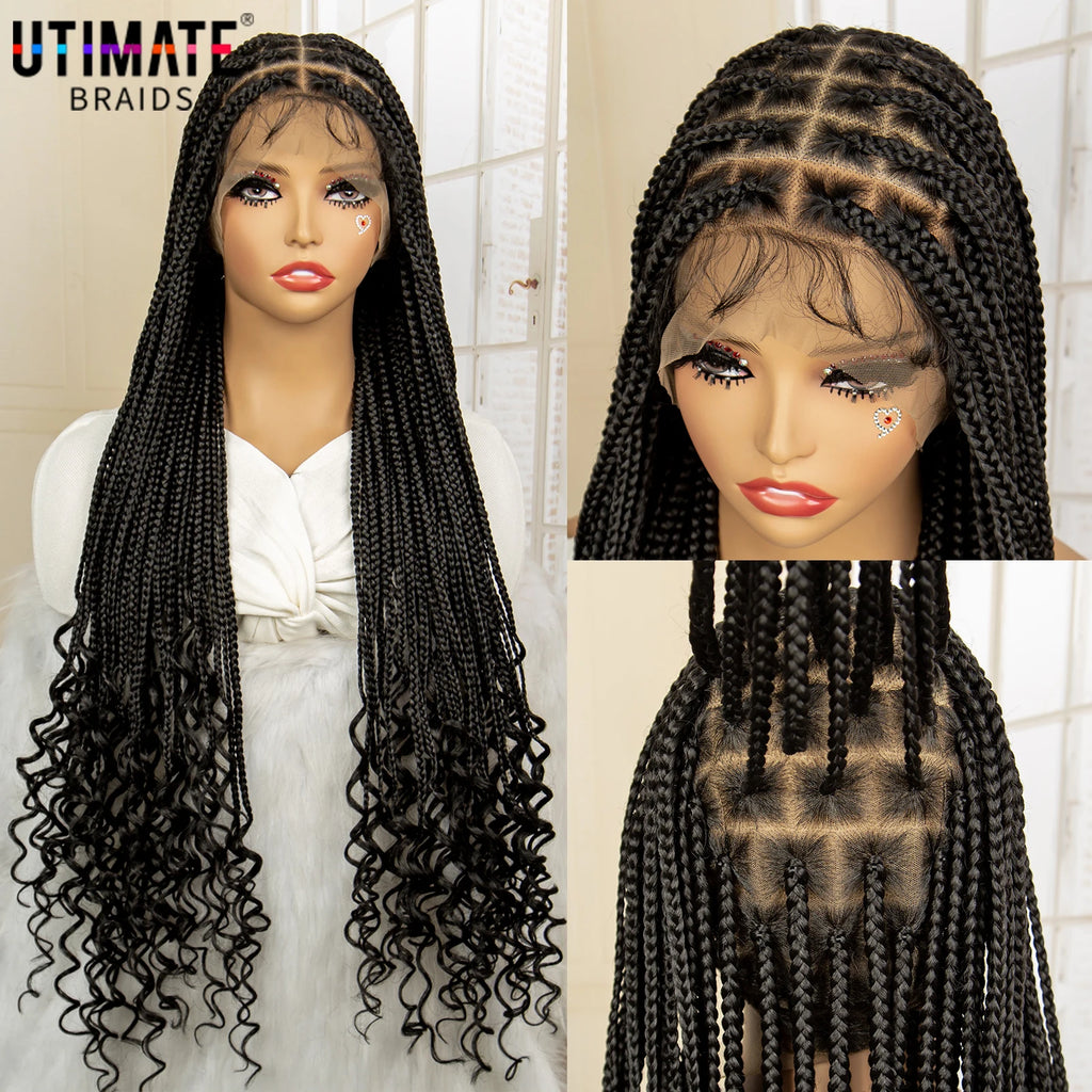 Full Double Lace Front Synthetic Knotless Braided Wigs for Women Box Braided Wig With Curly Ends Braided Wigs with Baby Hair