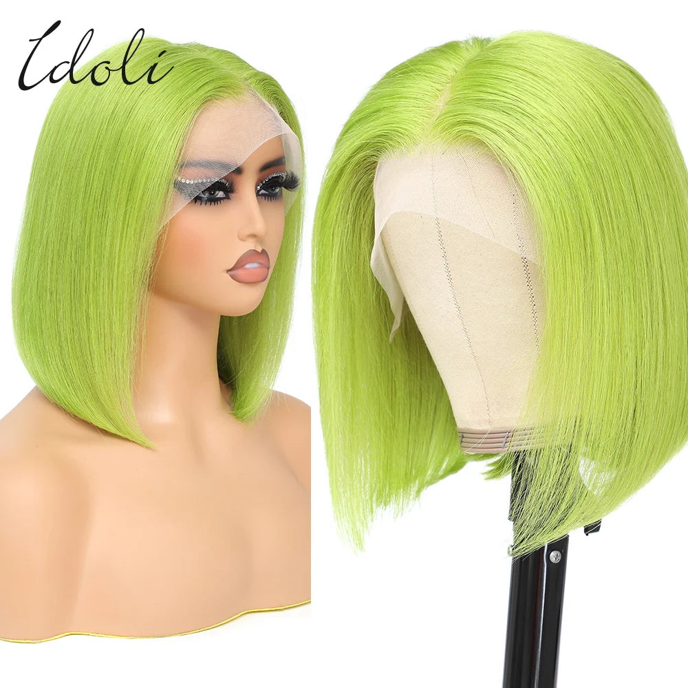 Neon Green Lace Front Wig Human Hair 13x4 Wear And Go Glueless Wigs for Green Color Girls  Neon Green Lace Front BOB Wig Hair