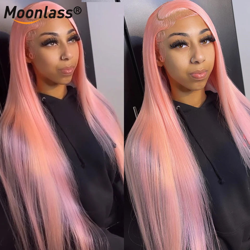 Pink Straight Human Hair Wig Body Wave 13x4 Transparent Lace Frontal Wigs 180% Density Colored Pre Plucked Brazilian Remy Wigs