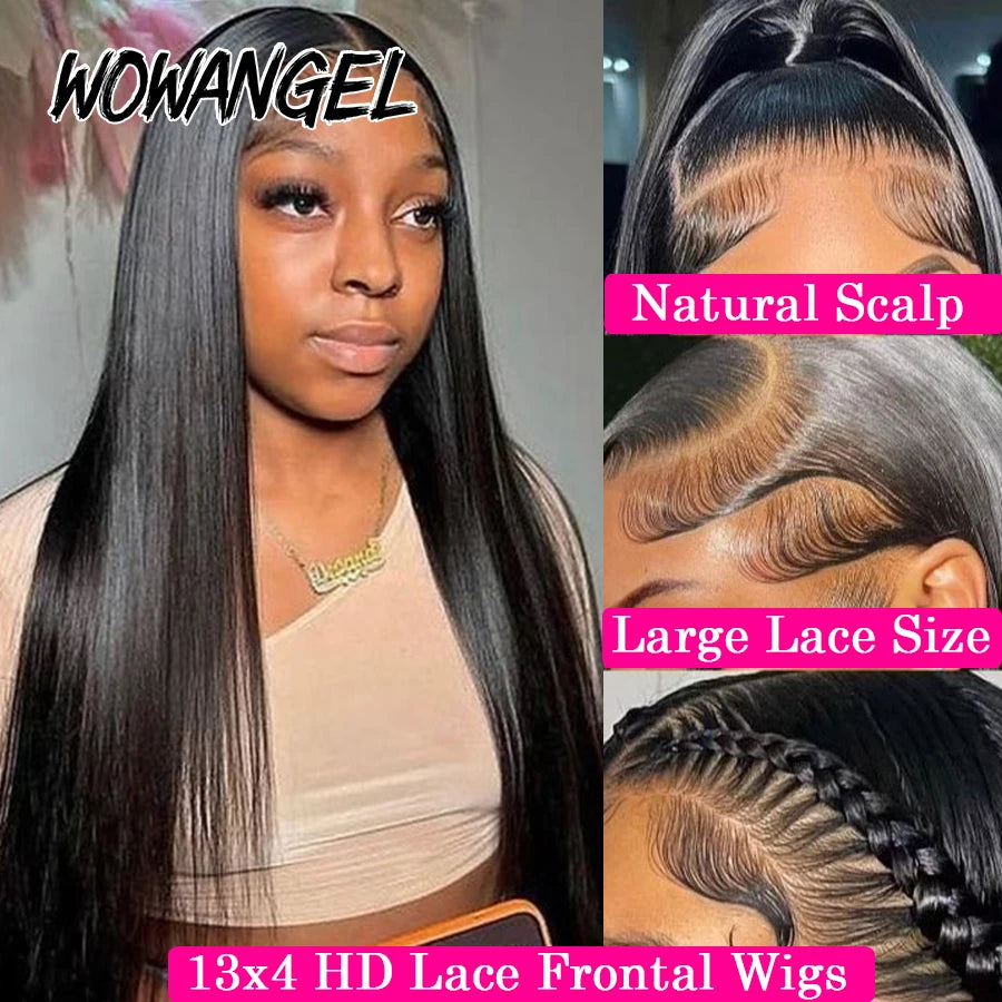 Wow Angel 250% 13x4 HD Lace Silk Straight Wigs 34in Human Hair Lace Frontal Wig Skins Melted Deep Parting Remy Hair For Women