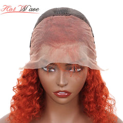 Orange Brown 13X4 Deep Wave Lace Frontal Wig 12Inch Short Bob Curly Human Hair Wigs PrePlucked Ginger Orange Wig 180%